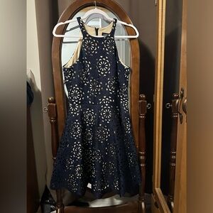 LE CHÂTEAU NWOT fit and flare laser cut lace high neck mini dress